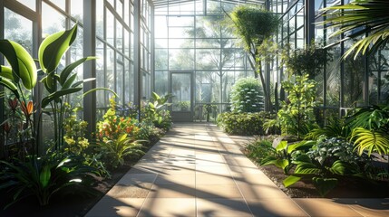 A sunlit greenhouse filled with diverse plants and flowers, showcasing nature's beauty.