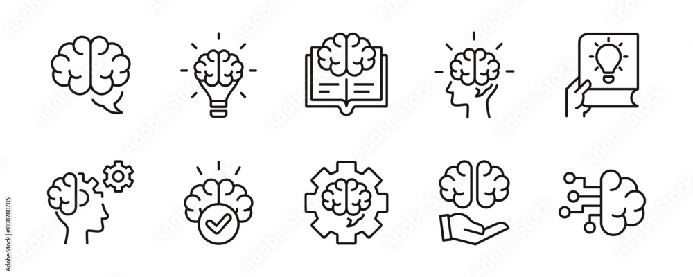 Poster brain icon line set. knowledge cognition brainstorm mind thinking education signs vector. containing