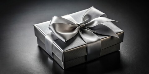 Fototapeta premium A sleek silver gift box with a satin ribbon bow, resting on a dark surface, exuding elegance and anticipation.