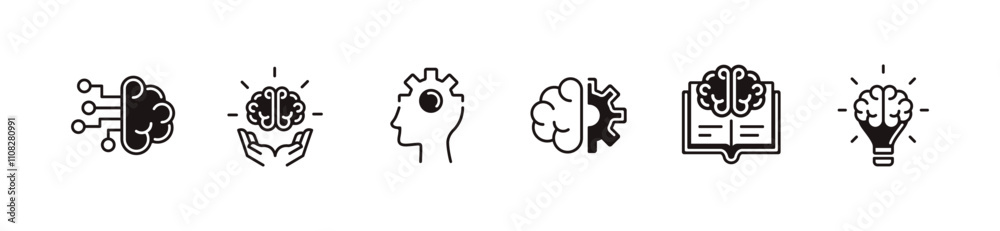 Poster education brain mind thinking icon set cognition brainstorm knowledge intelligence signs vector illu