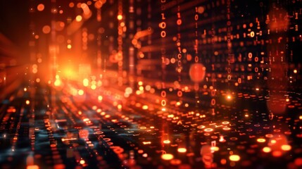 Abstract digital landscape of glowing binary code and particles.