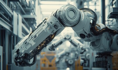 The image shows a highly automated robot arm in a smart factory industrial setting, an example of Industry 4.0 technology.