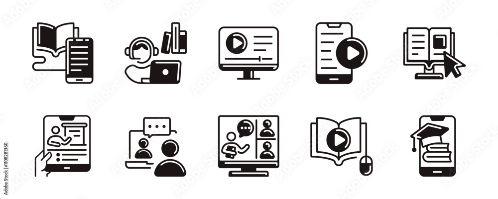 Poster seminar online video course learning icon set education study book play presentation e-learning media conference signs vector line illustration for web and app