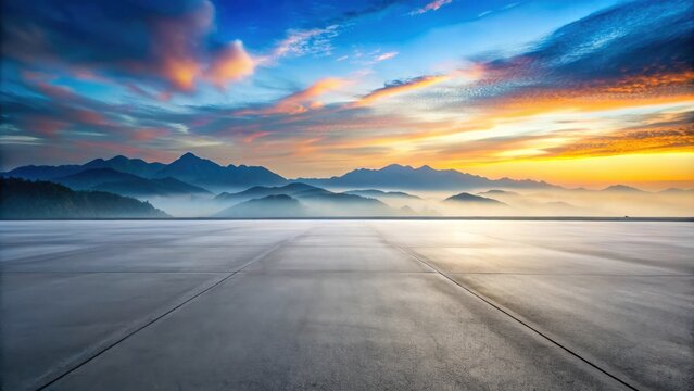 A vast, empty concrete platform stretches before a majestic mountain range shrouded in mist, as the sky blazes with a fiery sunrise.