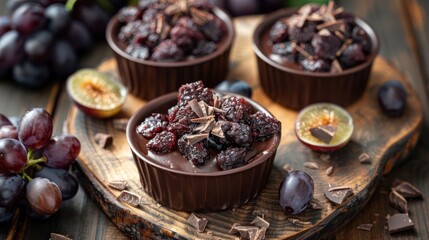 Three bowls of chocolate mousse topped with dried fruits and chocolate shavings, surrounded by grapes.