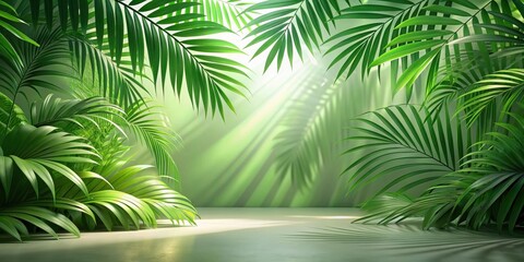 Fototapeta premium Lush green palm leaves frame a serene background, creating a tranquil and natural setting for product display.