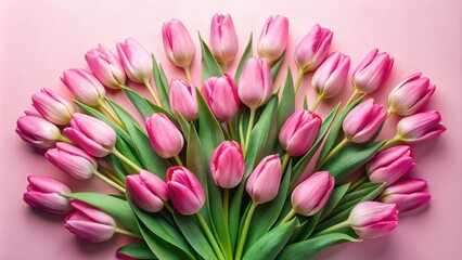 Fototapeta premium A delicate arrangement of vibrant pink tulips, their velvety petals gracefully unfurling, showcasing the beauty of springtime in full bloom.