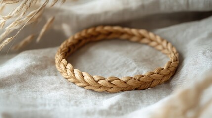 Obraz premium Handmade Natural Fiber Bracelet on Soft Linen Background