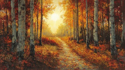 Fototapeta premium A Pathway Through an Autumn Forest, Bathed in Warm Sunlight