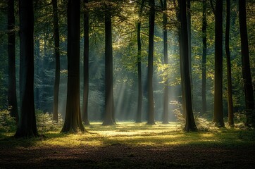 Obraz premium Sunlight Beaming Through Forest Trees