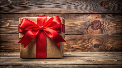 Fototapeta premium A beautifully wrapped gift with a vibrant red bow, resting on a rustic wooden surface, creating a captivating visual of celebration and anticipation.
