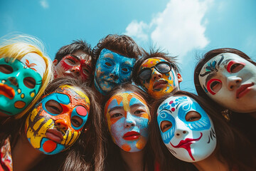Obraz premium Group of friends wearing colorful masks and facial paint at a celebration