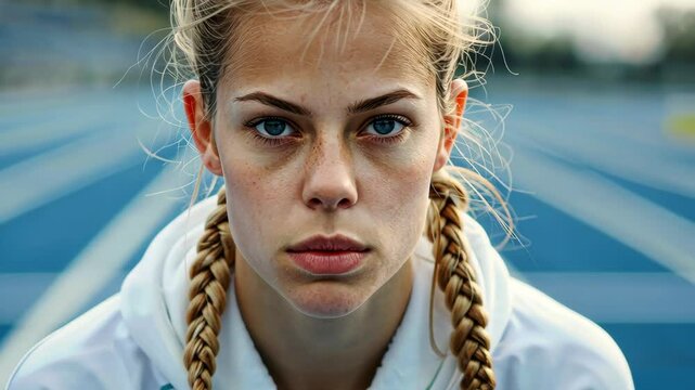Professional female sprinter in starting block ready to race on stadium track.