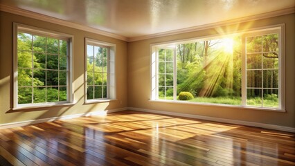 Fototapeta premium Sunlight streams through large windows in an empty room with hardwood floors, casting warm shadows and inviting a sense of peace and tranquility.