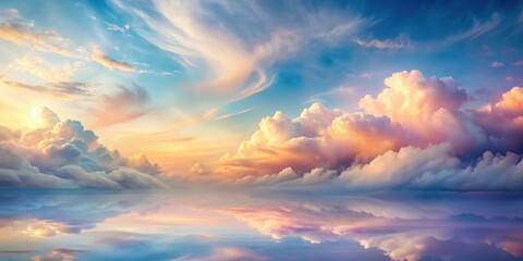 Fototapeta premium A breathtaking view of a colorful sky with cumulus clouds reflecting on the water below, creating a serene and ethereal landscape