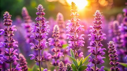 Obraz premium A field of delicate purple wildflowers basking in the warm glow of a setting sun, each bloom reaching towards the golden light.
