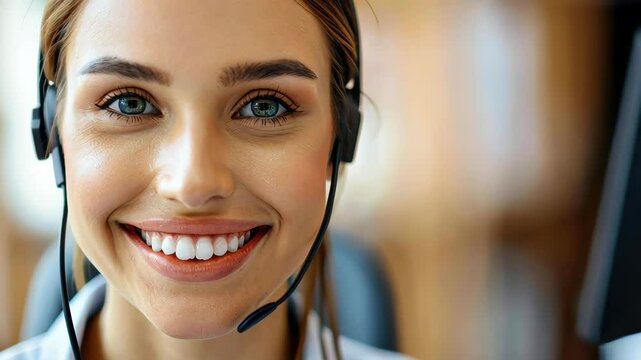 Friendly customer support operator with a smile at the helpdesk office in a closeup portrait.