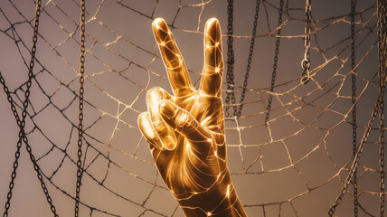 A glowing, translucent hand making a peace sign, surrounded by intricate spiderwebs and chains, symbolizing hope and resilience in dark times.
