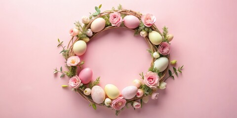 Obraz premium A Delicate Easter Wreath of Pastel Eggs and Delicate Pink Blossoms on a Soft Pink Background