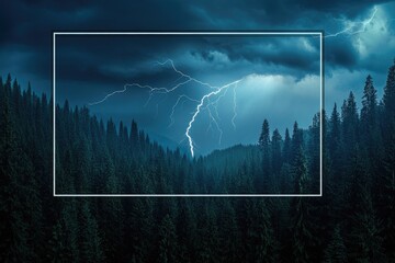 Dramatic lightning strike over dark forest at night.