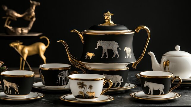 Elegant black and gold teapot and teacup set with African animal print.