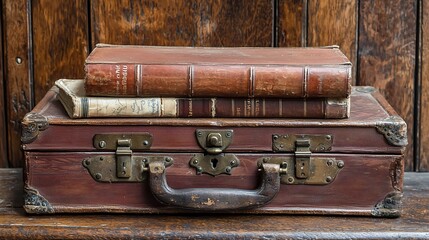 Antique suitcase with vintage books on wooden background.