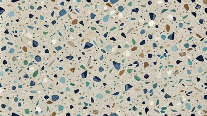 Abstract Terrazzo Pattern with Irregularly Shaped Colorful Chips on a Light Gray Background