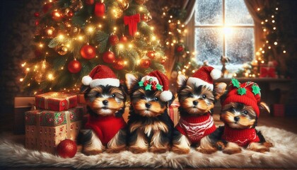Festive Yorkshire Terrier Puppies by the Christmas Tree
