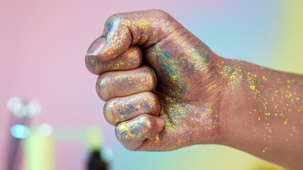 Close-up of a clenched fist adorned with vibrant, shimmering glitter against a colorful backdrop, symbolizing creativity and self-expression.