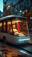 Obraz premium Autonomous City Bus in Motion with Nighttime Urban Landscape