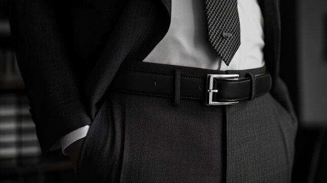 Stylish Business Attire Focus on Belt and Tie in Monochrome Setting