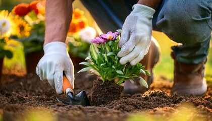 Naklejka premium gardener planting flowers in the garden close up photo