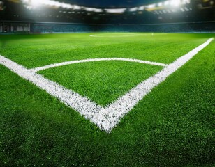 Fototapeta premium green artificial grass with white border lines on soccer field at stadium
