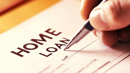 Close-up of a hand signing a home loan document with a pen, symbolizing mortgage approval.