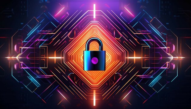a stylized padlock against dark geometric shapes lit by vibrant purple and orange hues symbolizing security and protection in a modern tech inspired design