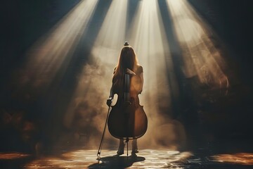 Woman cellist on stage, backlit by dramatic lighting, creating a silhouette effect with smoke.