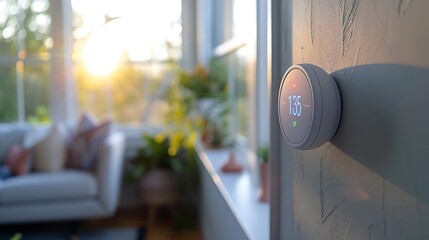 Smart thermostat on wall, displaying temperature, in sunlit living room.