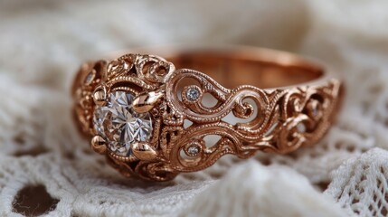 Naklejka premium Elegant Vintage Rose Gold Engagement Ring with Intricate Design