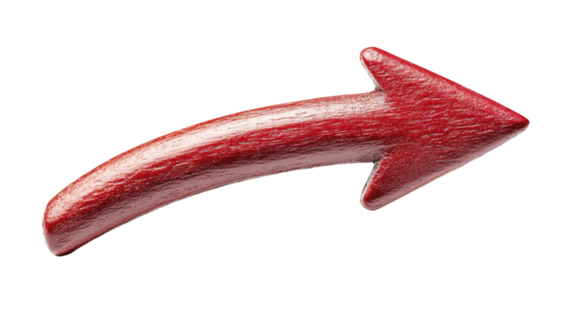A wooden texture red arrow pointing to the right on a plain white background, symbolizing direction and movement.