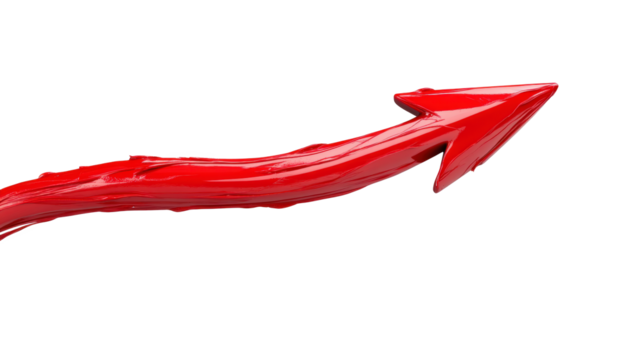 A dynamic, red arrow with a glossy finish curves upward against a plain background, symbolizing growth, progress, or upward momentum in abstract visual form.