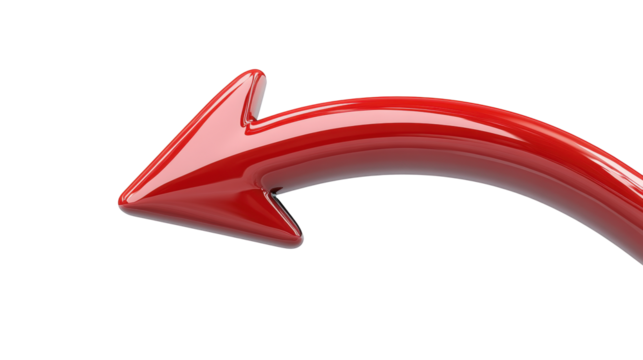 A shiny red arrow curves gracefully on a plain white background, symbolizing direction, movement, or change with its vibrant and dynamic appearance.