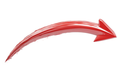 A shiny, red, curved arrow pointing right, isolated against a white background, symbolizing direction, movement, or progression in a sleek and modern style.