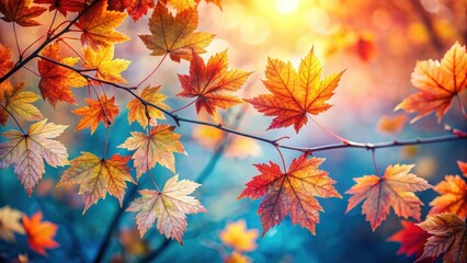 Fototapeta premium Autumnal Leaves Shimmering in Golden Sunlight, Creating a Vibrant Tapestry of Colors Against a Blurred Blue Sky