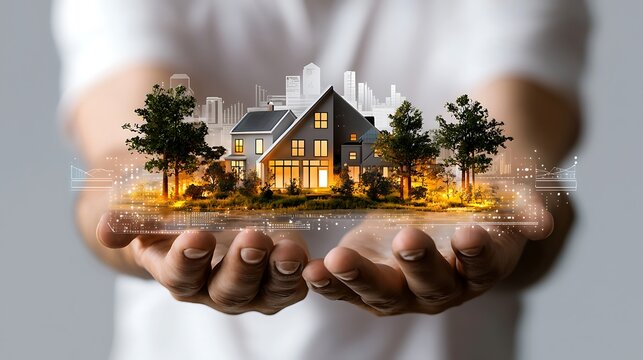 Virtual home analysis with a business professional holding a digital house icon surrounded by mortgage loan, insurance, and property planning elements. Ultra-realistic, Photo Realistic, highly 