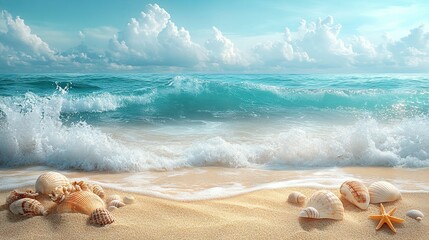 Seashells on Sandy Beach with Ocean Waves and Sky