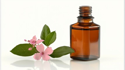 Amber bottle of essential oil with pink flowers and green leaves on white background.