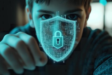 Caucasian man engaging with a virtual security icon in a modern workspace