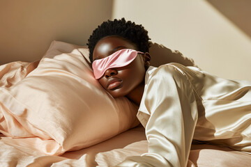 African American woman is peacefully sleeping in a light pink bedroom, wearing a sleep mask and silk beige pajamas. Concept of comfort and relaxation during sleep promotes wellness and self-care.