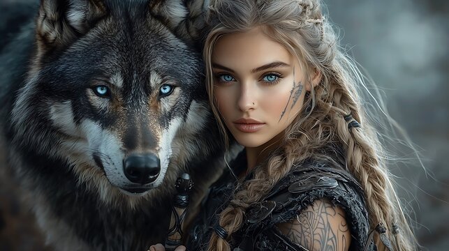 A captivating Viking female warrior with icy blue eyes and bold body art, holding a spear and standing beside an imposing black wolf amidst a desolate Nordic tundra, with a brooding atmosphere 