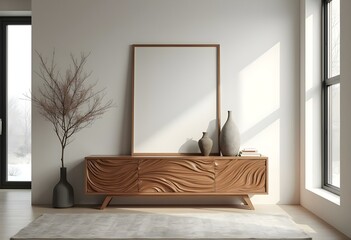 Scandinavian home interior design of modern living room. Artistic wooden carving sideboard with flowing textures and big mock up frame in a light-filled, modern space.